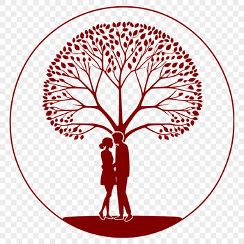 A stylized illustration of a tree with intertwined branches and hearts, symbolizing love.