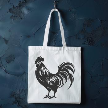 A detailed illustration of a rooster standing on the ground with its full body visible.