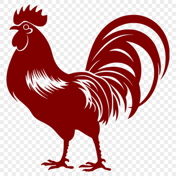 A realistic illustration of a rooster standing on a farm background.