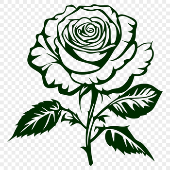 An illustration of a single red rose with green leaves.