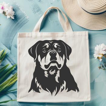 A graphic illustration of a Rottweiler's head with detailed features.