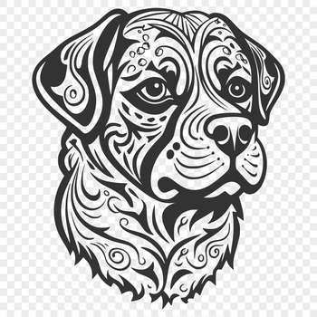 A detailed illustration of a Rottweiler's head with bold lines and textures.