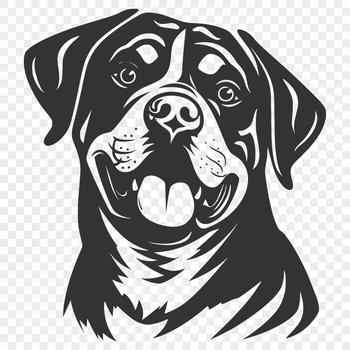 A detailed illustration of a Rottweiler's head, featuring the breed's distinctive markings.