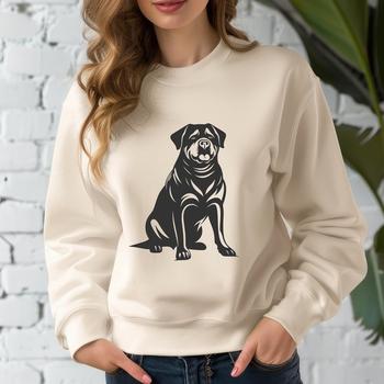 Vector graphic representation of a Rottweiler in a seated position.