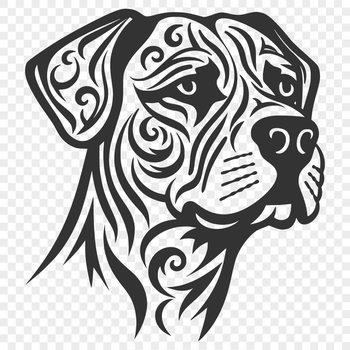 A close-up illustration of a Rottweiler's head, featuring detailed lines and textures.