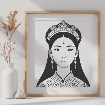A royalty-themed illustration of a female character in traditional royal attire.