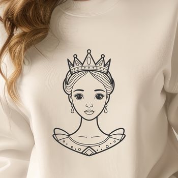 A stylized illustration of a young princess with royal attire and accessories.
