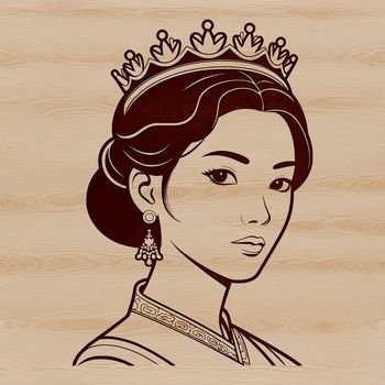 A stylized illustration of a royal woman in formal attire.