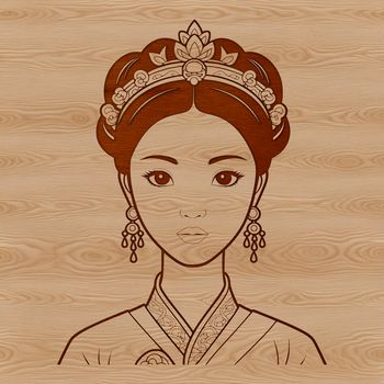 A young female character in a royal dress with a tiara on her head.
