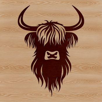 A close-up of a Highland Cow's distinctive head with long horns and shaggy coat.