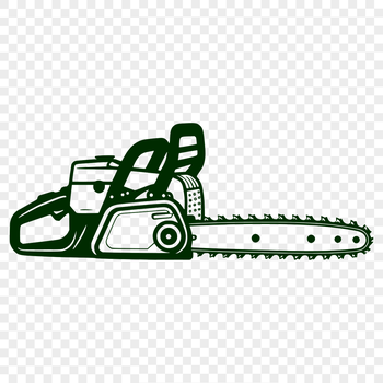 Illustrated chainsaw graphic with cutting tool features.