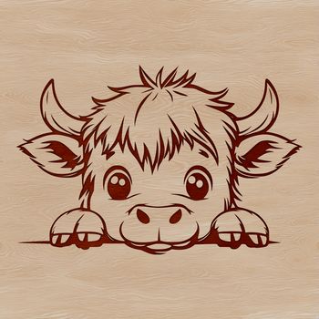 A close-up of a Highland Cow's head peeking out from behind a fence on a rural farm.