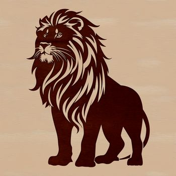 A large standing lion with a majestic mane, depicted in bold lines and vibrant detail.