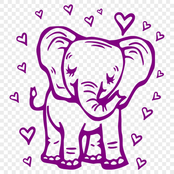 A full-body illustration of a standing elephant with heart motifs.