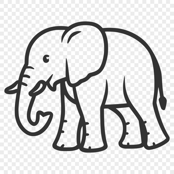 A simple line drawing illustration of a full-bodied elephant standing upright on four legs.