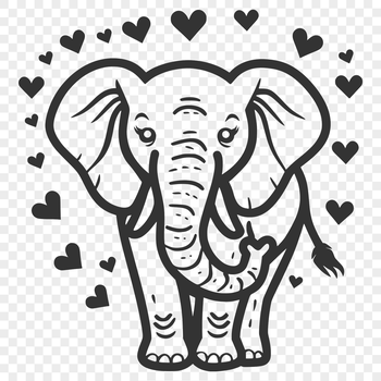 A vector artwork depiction of a majestic elephant standing upright, surrounded by affectionate symbols.