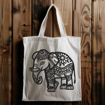 A detailed illustration of a standing elephant with ornate features.