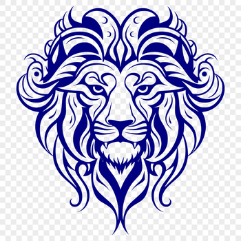 Large, ornate illustration of a lion's head with detailed features.