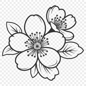 A stylized illustration of a cherry blossom with pink petals and green stem.