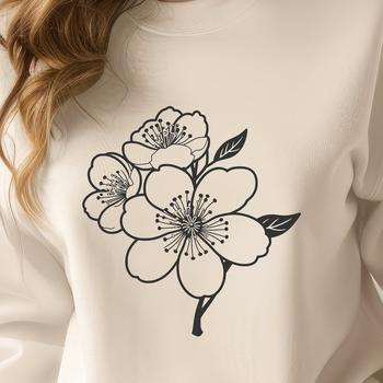A stylized illustration of a blooming cherry blossom with delicate pink petals and a green stem.