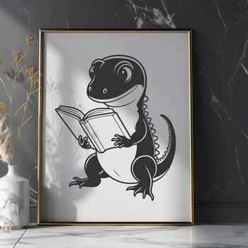 A colorful illustration of a salamander sitting next to an open book, highlighting its love for reading.