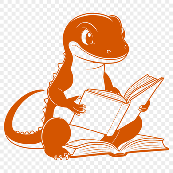 A vector illustration of a salamander reading a book in a garden setting.