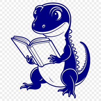 A digital illustration of a salamander holding a book in its hands.