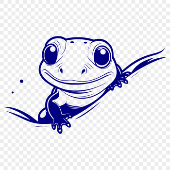 A digital illustration of a salamander peeking out from behind a leafy green background.