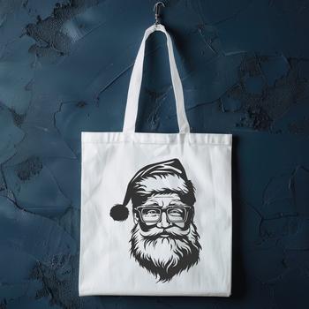 A depiction of Father Christmas wearing glasses, surrounded by festive elements.