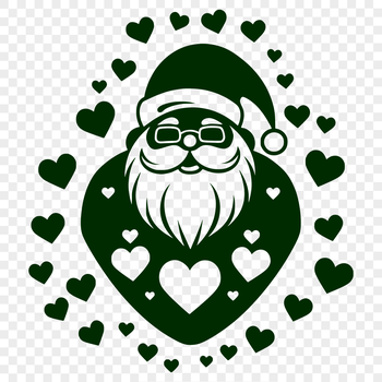 A stylized illustration of Father Christmas with heart symbols surrounding his head.