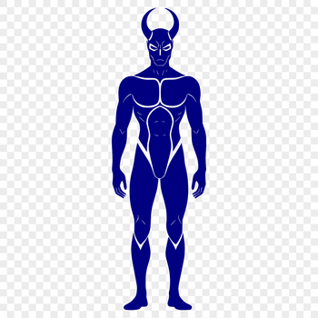 A stylized illustration of Satan with horns and wings.