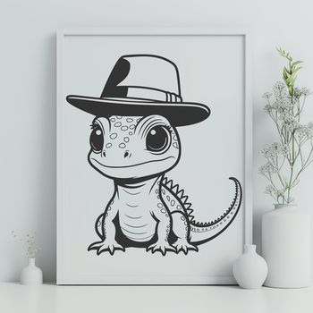 A colorful illustration of a lizard wearing a hat, suitable for vector art designs.