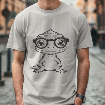 An illustrated lizard with eyeglasses, designed as a digital graphic.