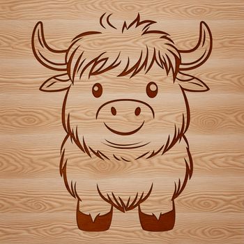A close-up illustration of a Highland cow standing in a grassy field.