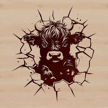 A realistic illustration of a Highland cow's head, featuring distinctive horns and a rugged coat.