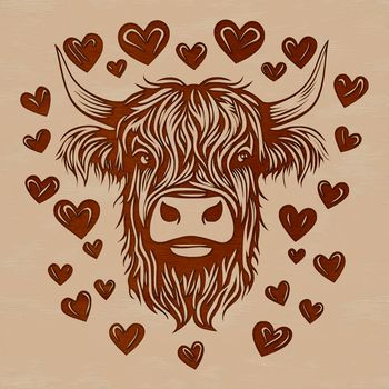 A large, shaggy Highland cow with a gentle expression and heart-shaped features adorns this vector design.