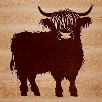 A standing highland cow with distinctive horns, depicted in a simple vector design.