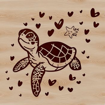 A stylized illustration of a sea turtle with love hearts surrounding it, representing a seaside animal.