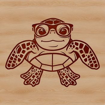 An illustration of a sea turtle wearing glasses, set against a subtle underwater background.