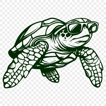 An illustration of a sea turtle wearing glasses swimming in the ocean.