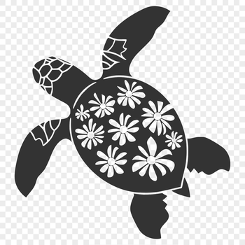 A full-body illustration of a sea turtle in a seaside setting.
