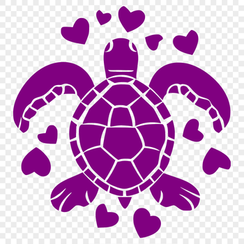 A full-body illustration of a sea turtle with heart designs incorporated into its shell.