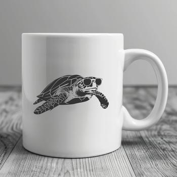 Sea turtle in full-body view, wearing sunglasses on its head.