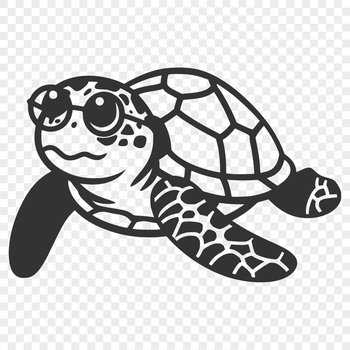 A full-body illustration of a smiling sea turtle wearing glasses, surrounded by ocean elements.