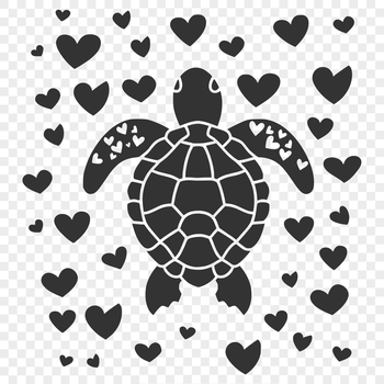 A full-body illustration of a sea turtle with love hearts surrounding its shell.