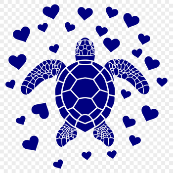 A detailed illustration of a sea turtle in full body pose with love hearts surrounding it.