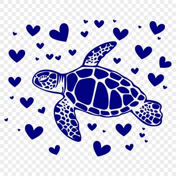 A full-body illustration of a sea turtle surrounded by love hearts, emphasizing its connection to seaside environments.