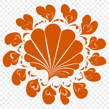 A stylized vector illustration of a seashell with intricate details and decorative love hearts.
