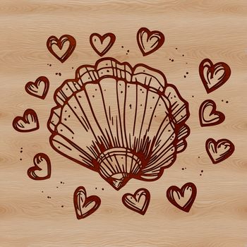 A digital illustration of a seashell with love hearts embedded in its design.