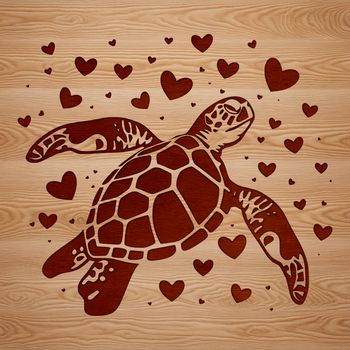 A stylized illustration of a sea turtle with love hearts surrounding its body.